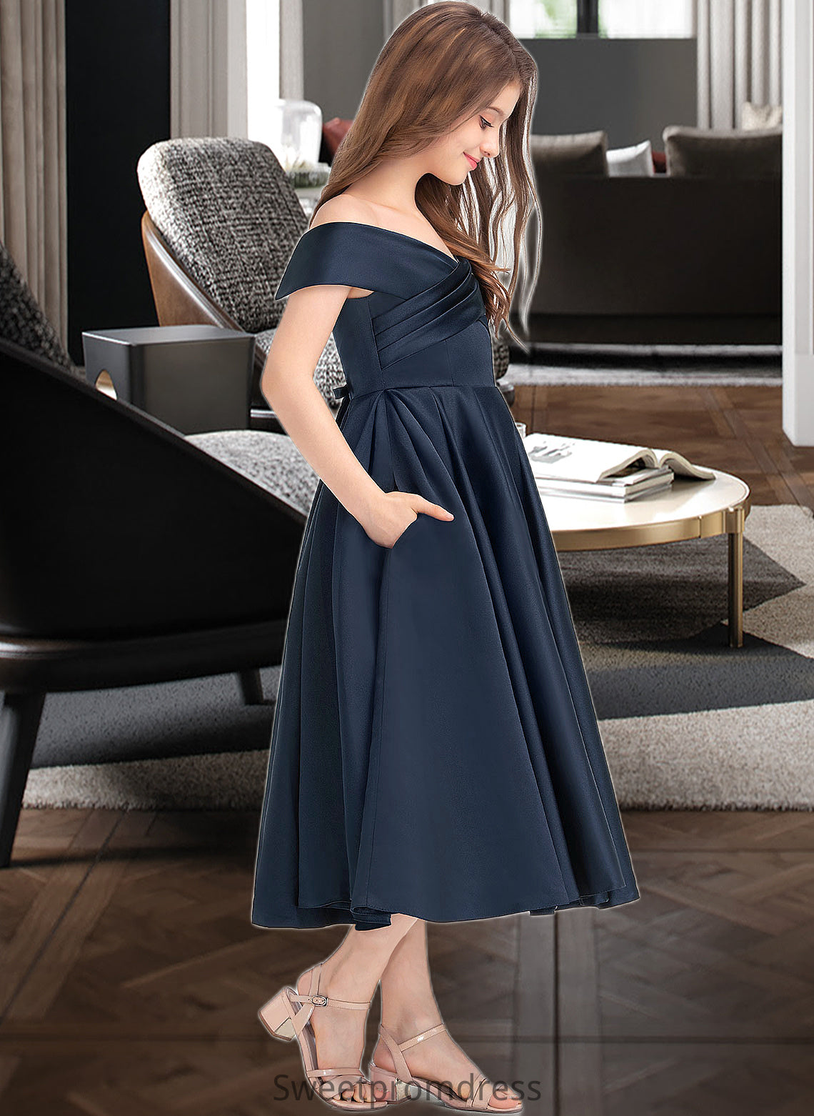 Brisa A-Line Off-the-Shoulder Tea-Length Satin Junior Bridesmaid Dress With Ruffle Pockets DHP0013383