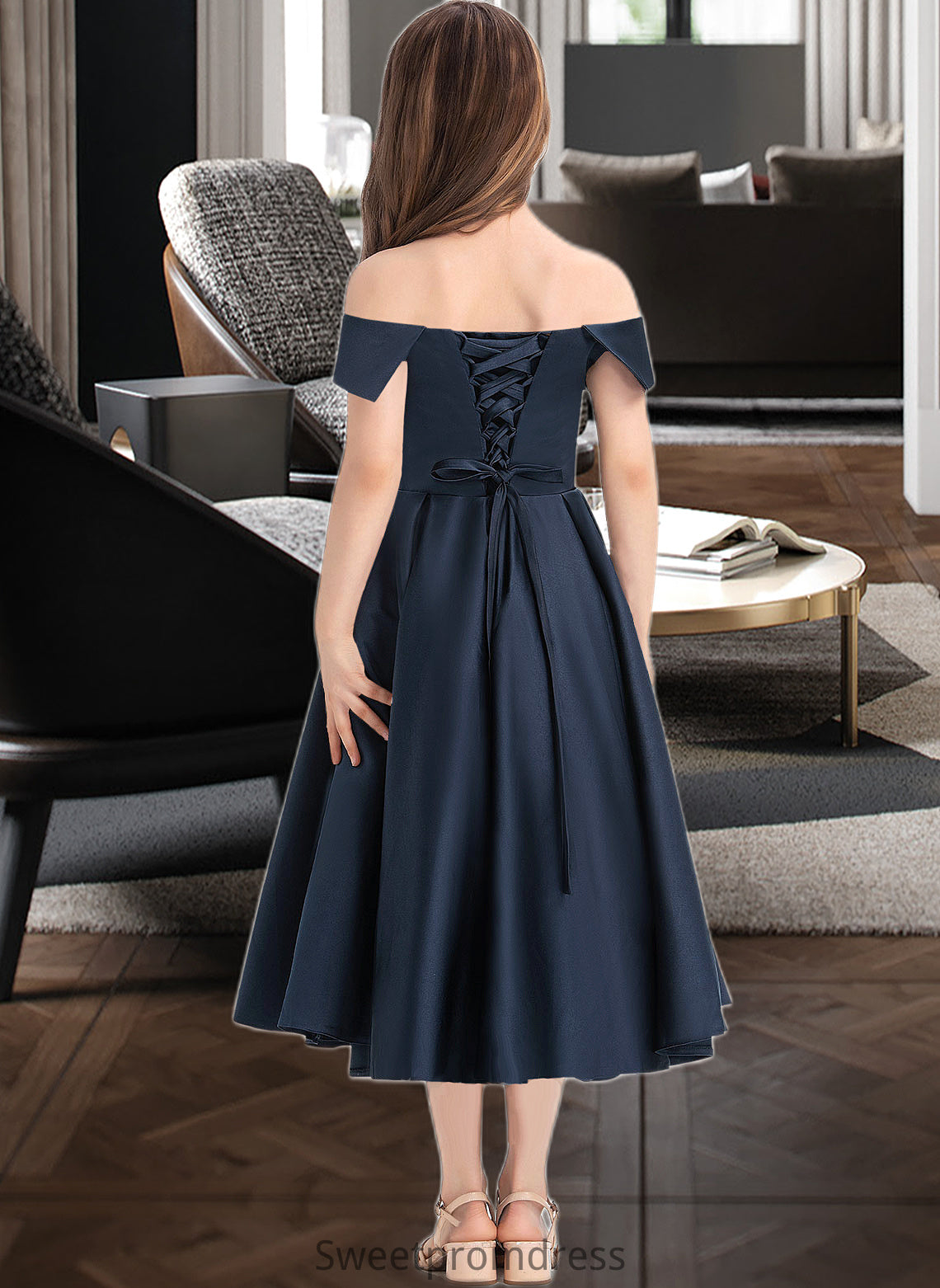 Brisa A-Line Off-the-Shoulder Tea-Length Satin Junior Bridesmaid Dress With Ruffle Pockets DHP0013383