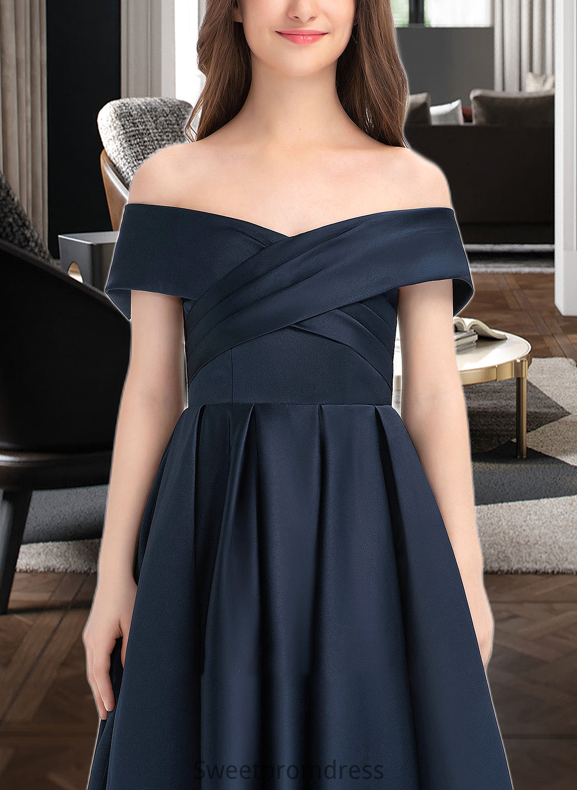 Brisa A-Line Off-the-Shoulder Tea-Length Satin Junior Bridesmaid Dress With Ruffle Pockets DHP0013383