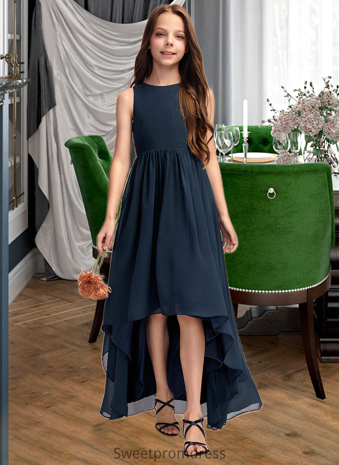 Ginny A-Line Scoop Neck Asymmetrical Chiffon Junior Bridesmaid Dress DHP0013384