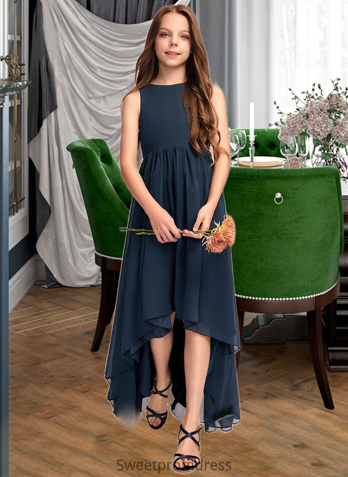 Ginny A-Line Scoop Neck Asymmetrical Chiffon Junior Bridesmaid Dress DHP0013384