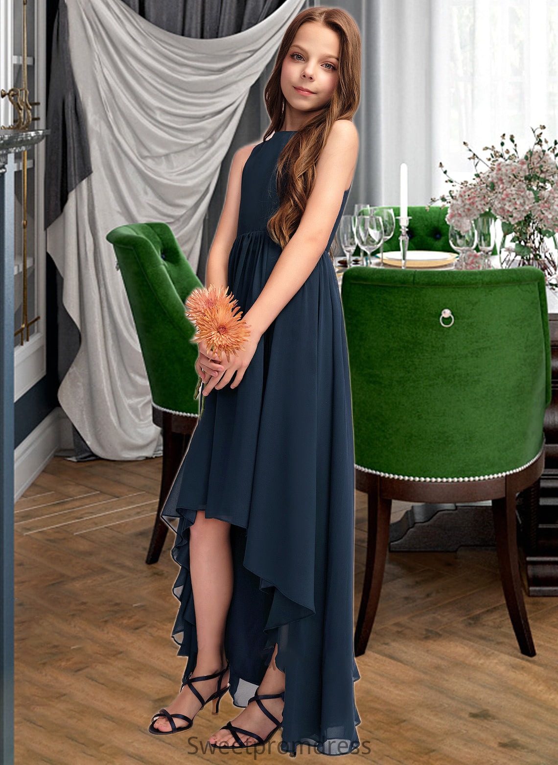 Ginny A-Line Scoop Neck Asymmetrical Chiffon Junior Bridesmaid Dress DHP0013384