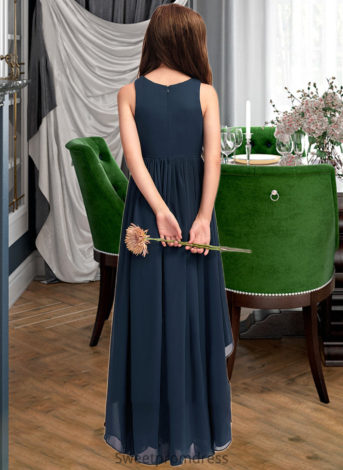 Ginny A-Line Scoop Neck Asymmetrical Chiffon Junior Bridesmaid Dress DHP0013384