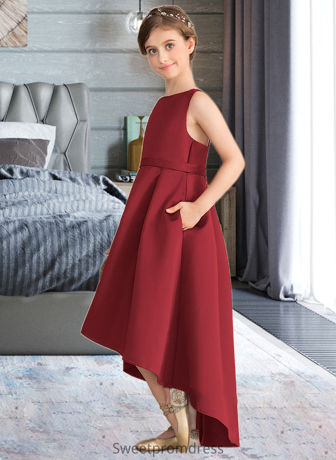 Mayra A-Line Scoop Neck Asymmetrical Satin Junior Bridesmaid Dress With Ruffle Pockets DHP0013385