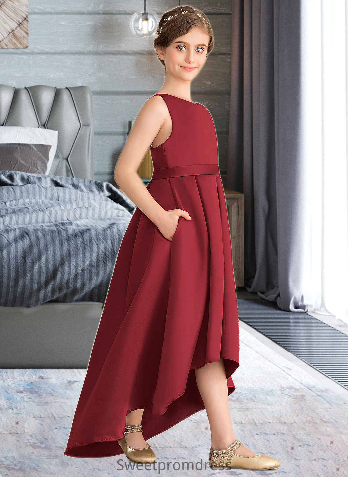 Mayra A-Line Scoop Neck Asymmetrical Satin Junior Bridesmaid Dress With Ruffle Pockets DHP0013385