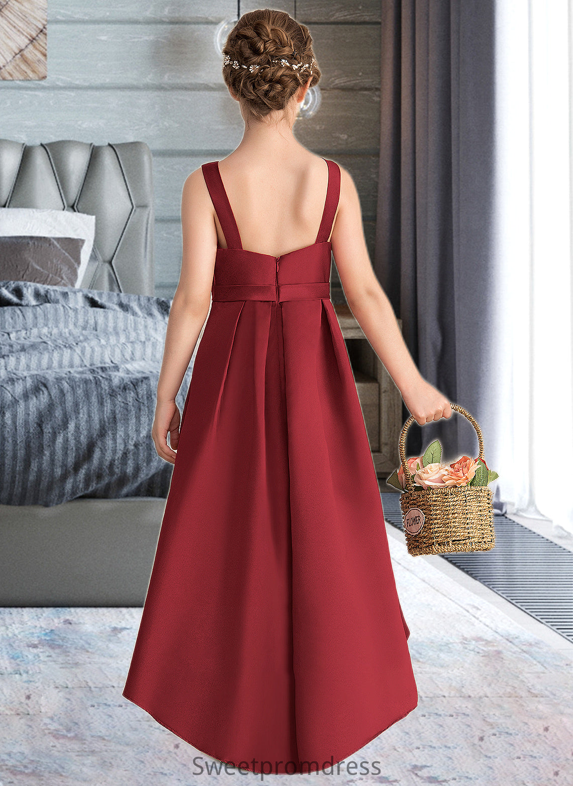 Mayra A-Line Scoop Neck Asymmetrical Satin Junior Bridesmaid Dress With Ruffle Pockets DHP0013385