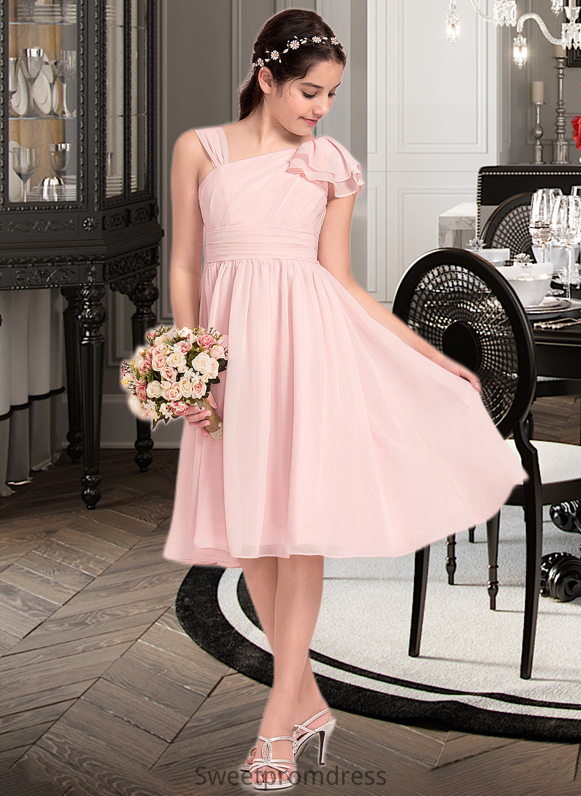 Lina A-Line V-neck Knee-Length Chiffon Junior Bridesmaid Dress With Cascading Ruffles DHP0013386