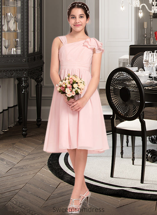 Lina A-Line V-neck Knee-Length Chiffon Junior Bridesmaid Dress With Cascading Ruffles DHP0013386