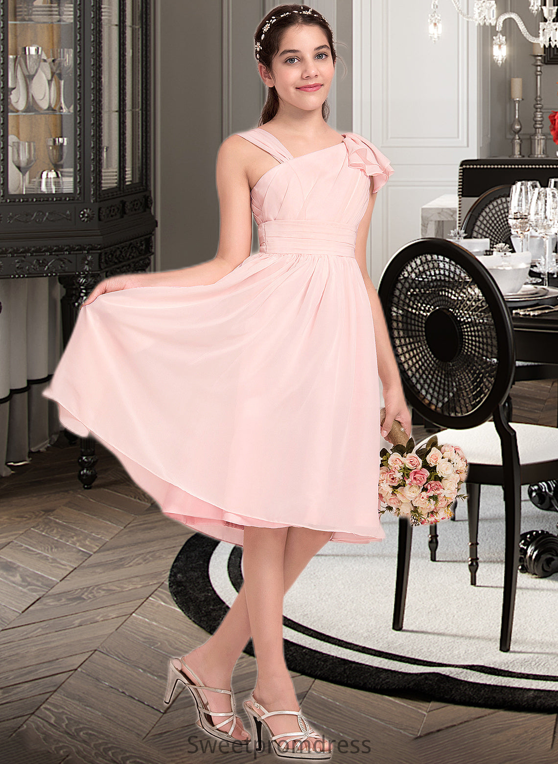 Lina A-Line V-neck Knee-Length Chiffon Junior Bridesmaid Dress With Cascading Ruffles DHP0013386