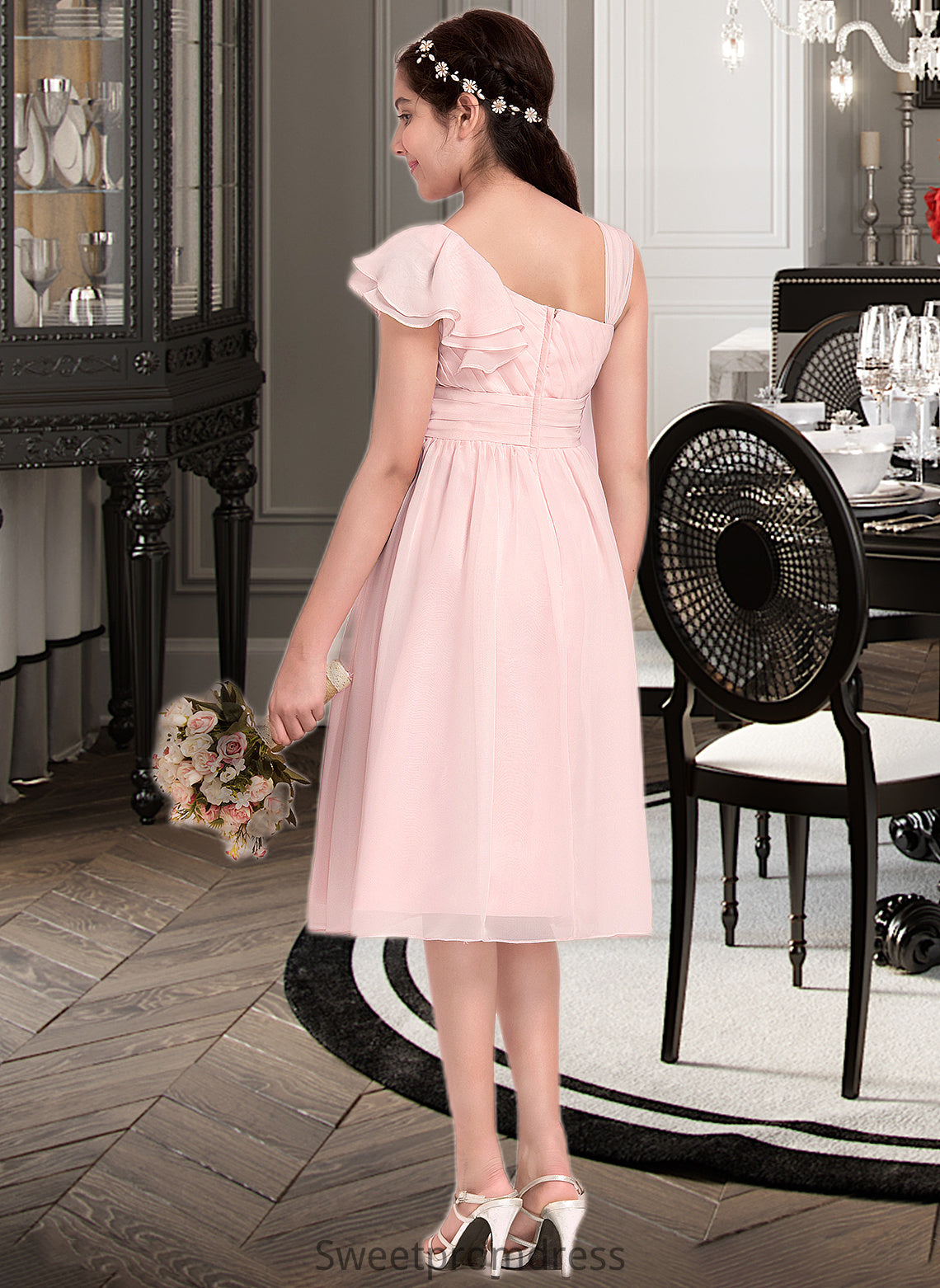 Lina A-Line V-neck Knee-Length Chiffon Junior Bridesmaid Dress With Cascading Ruffles DHP0013386