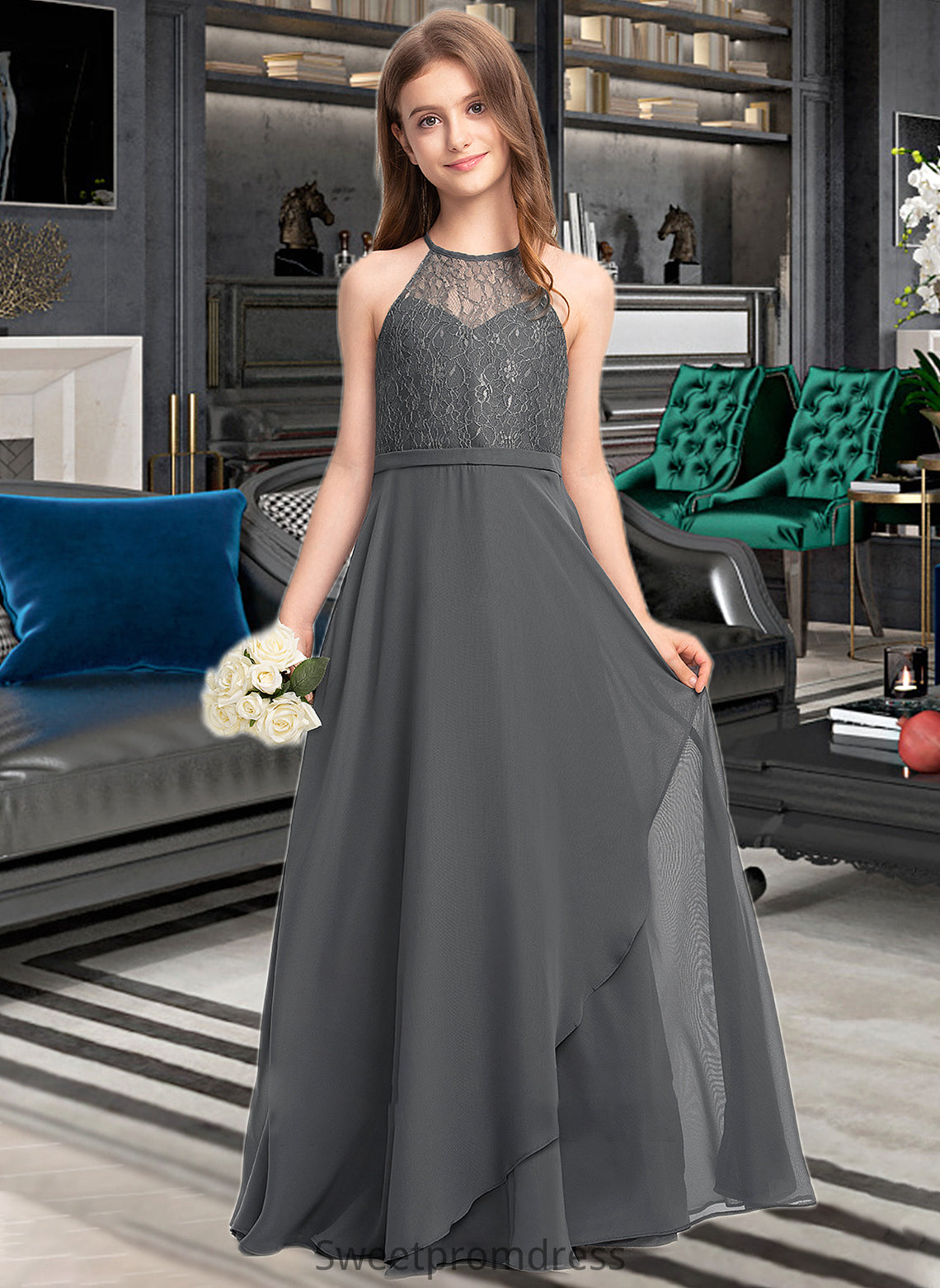 Nicky A-Line Scoop Neck Floor-Length Chiffon Lace Junior Bridesmaid Dress With Cascading Ruffles DHP0013389