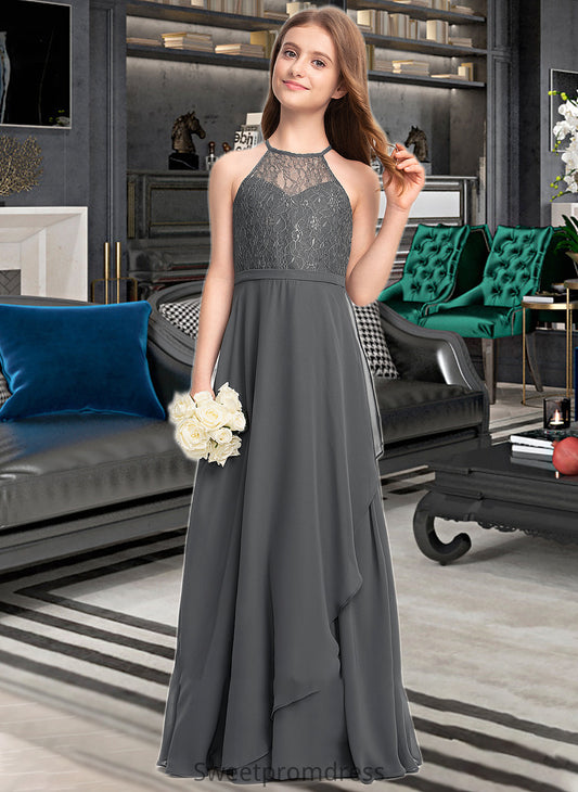 Nicky A-Line Scoop Neck Floor-Length Chiffon Lace Junior Bridesmaid Dress With Cascading Ruffles DHP0013389