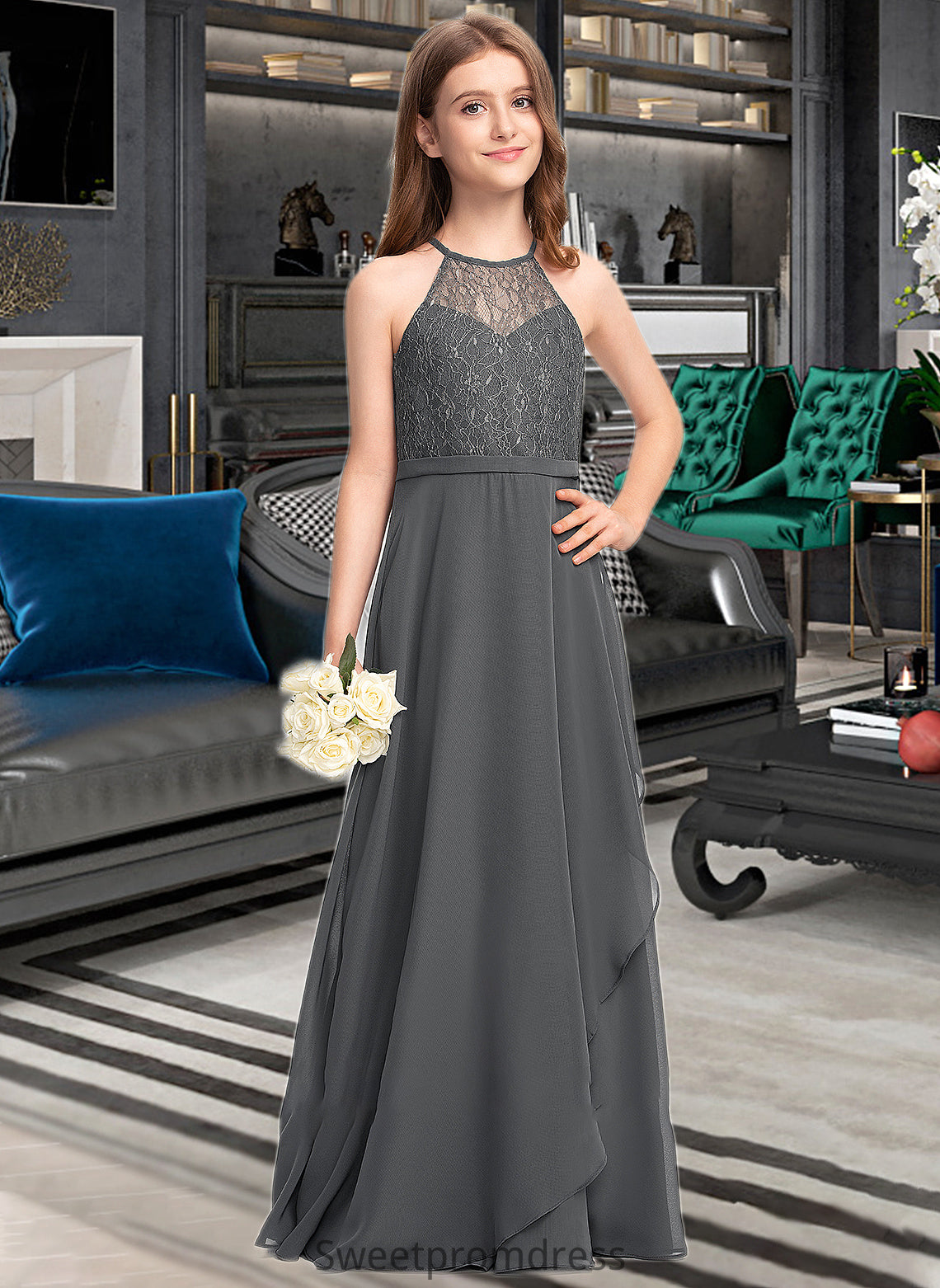 Nicky A-Line Scoop Neck Floor-Length Chiffon Lace Junior Bridesmaid Dress With Cascading Ruffles DHP0013389