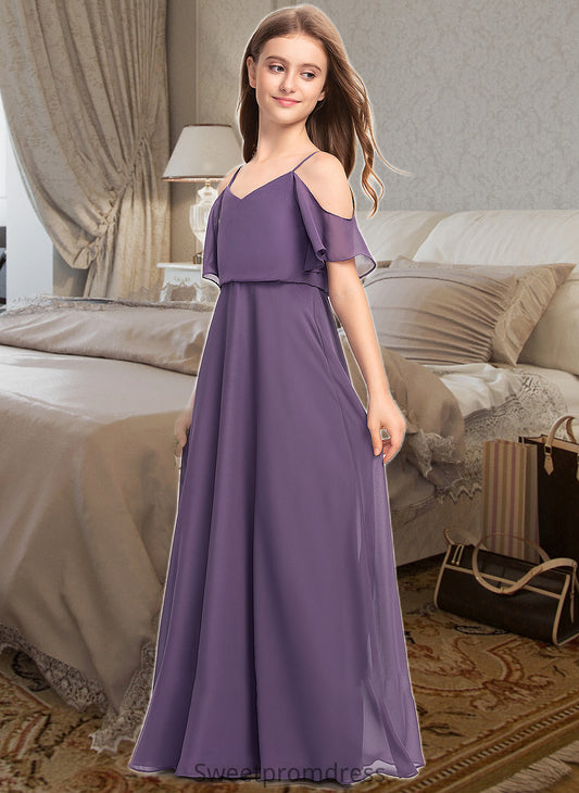 Naima A-Line V-neck Floor-Length Chiffon Junior Bridesmaid Dress DHP0013390