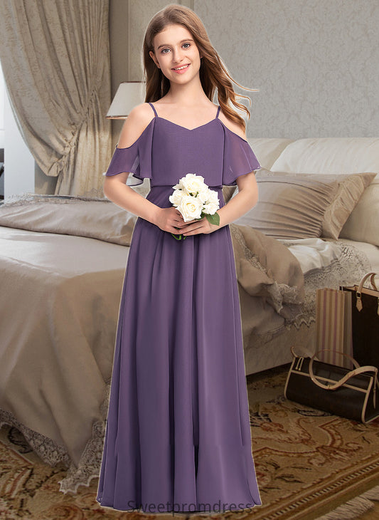 Naima A-Line V-neck Floor-Length Chiffon Junior Bridesmaid Dress DHP0013390