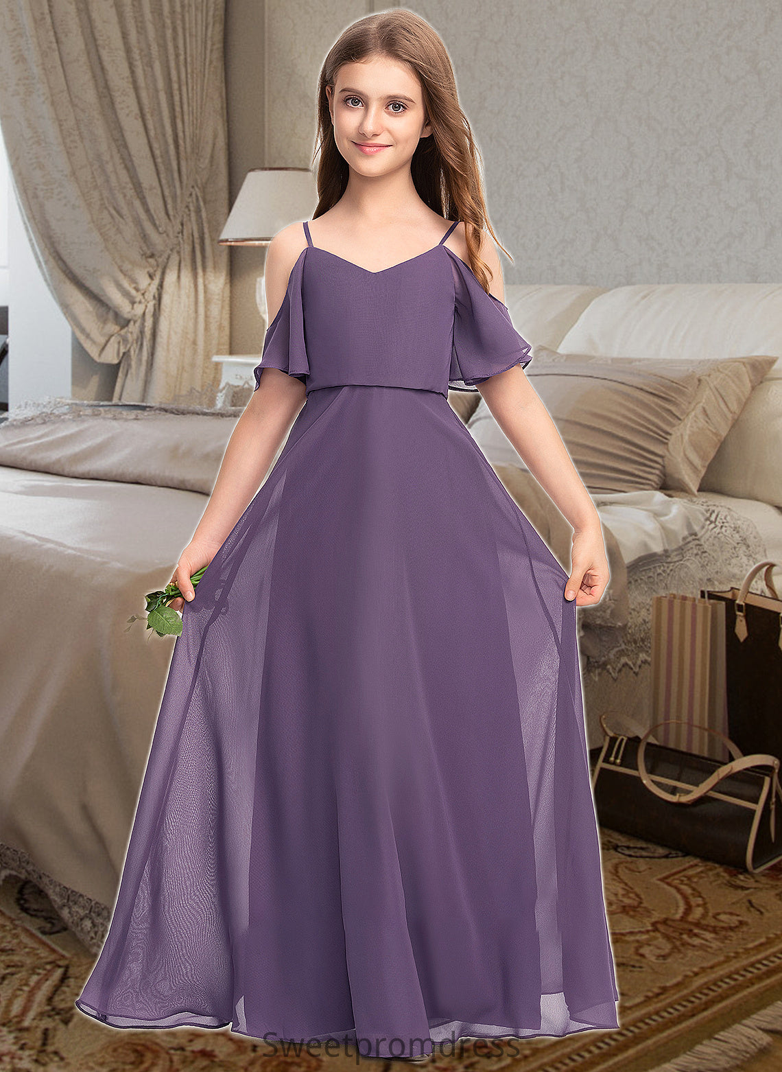 Naima A-Line V-neck Floor-Length Chiffon Junior Bridesmaid Dress DHP0013390