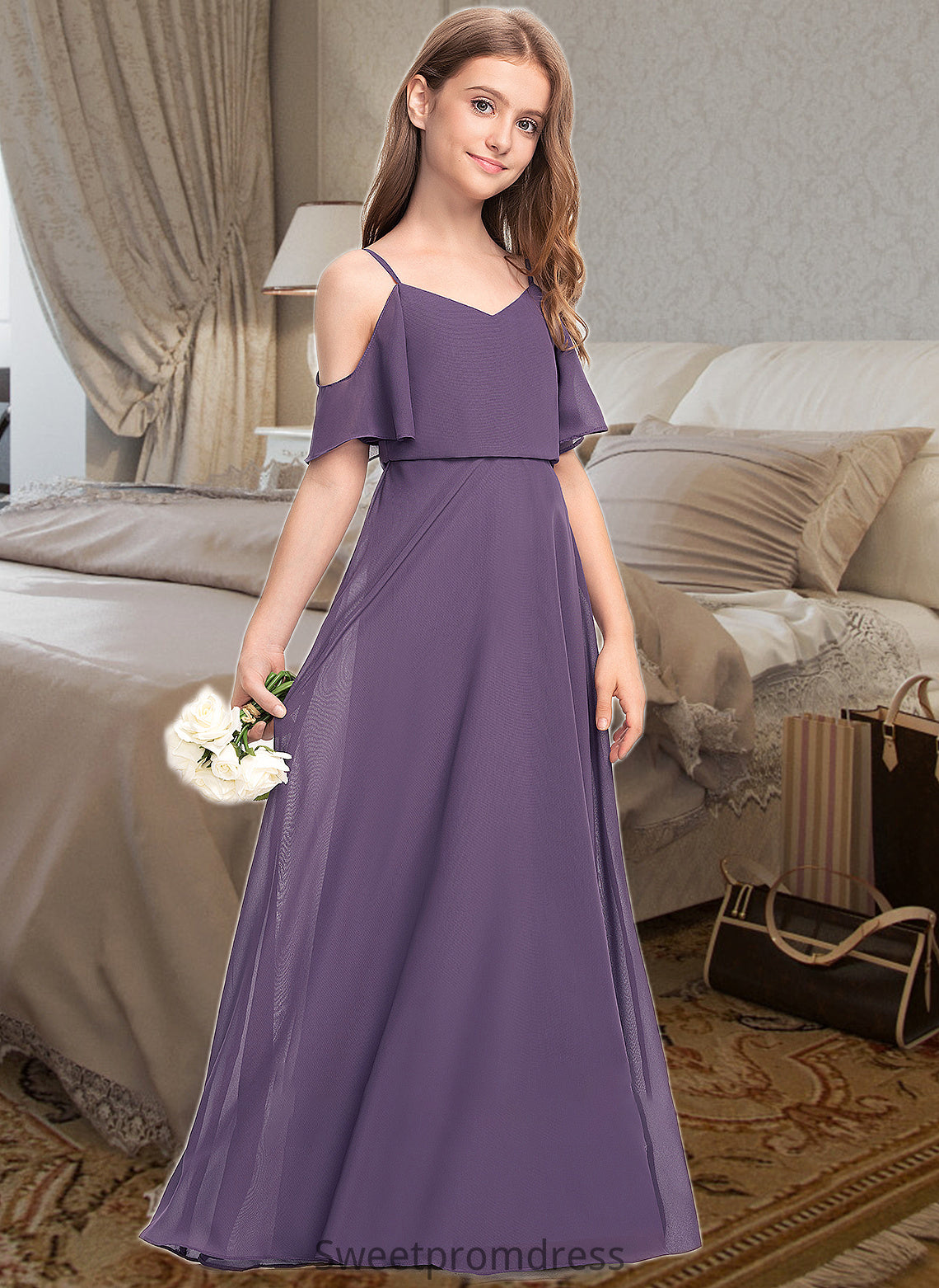 Naima A-Line V-neck Floor-Length Chiffon Junior Bridesmaid Dress DHP0013390