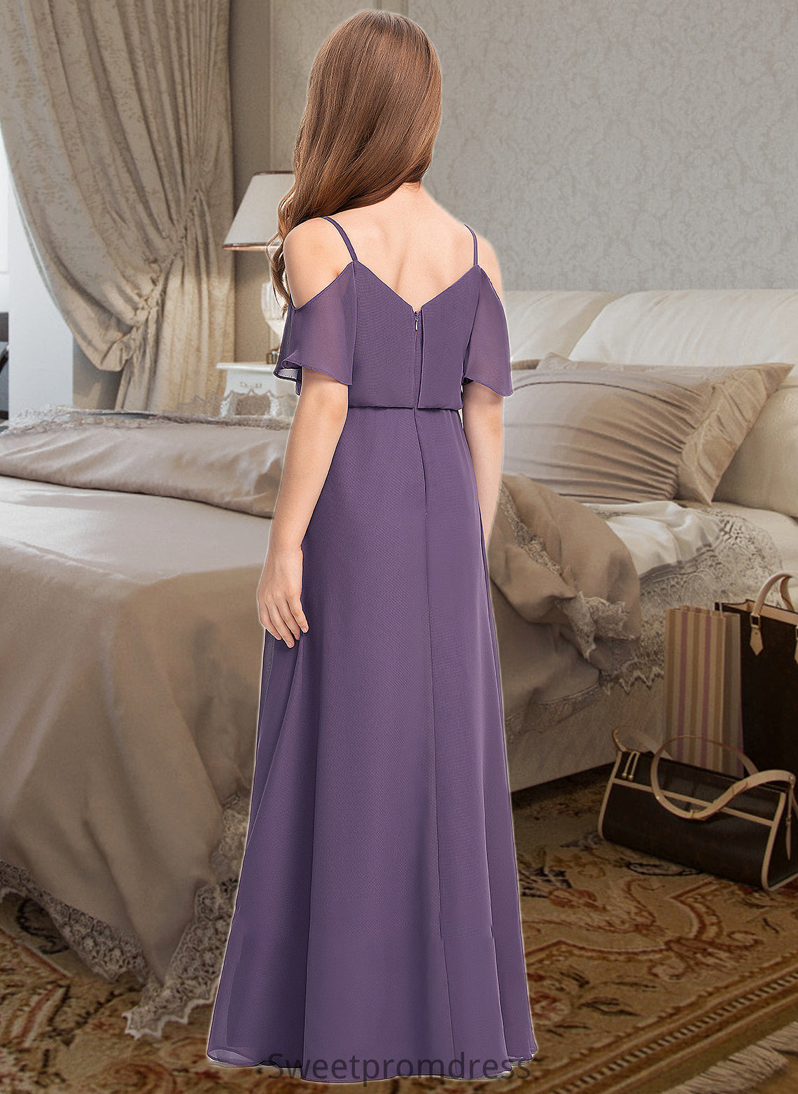 Naima A-Line V-neck Floor-Length Chiffon Junior Bridesmaid Dress DHP0013390