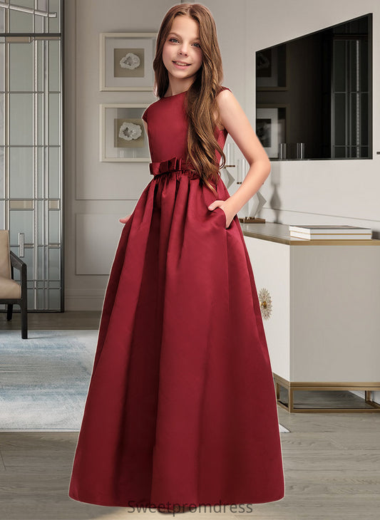 Cassidy A-Line Scoop Neck Floor-Length Satin Junior Bridesmaid Dress With Bow(s) Pockets DHP0013391