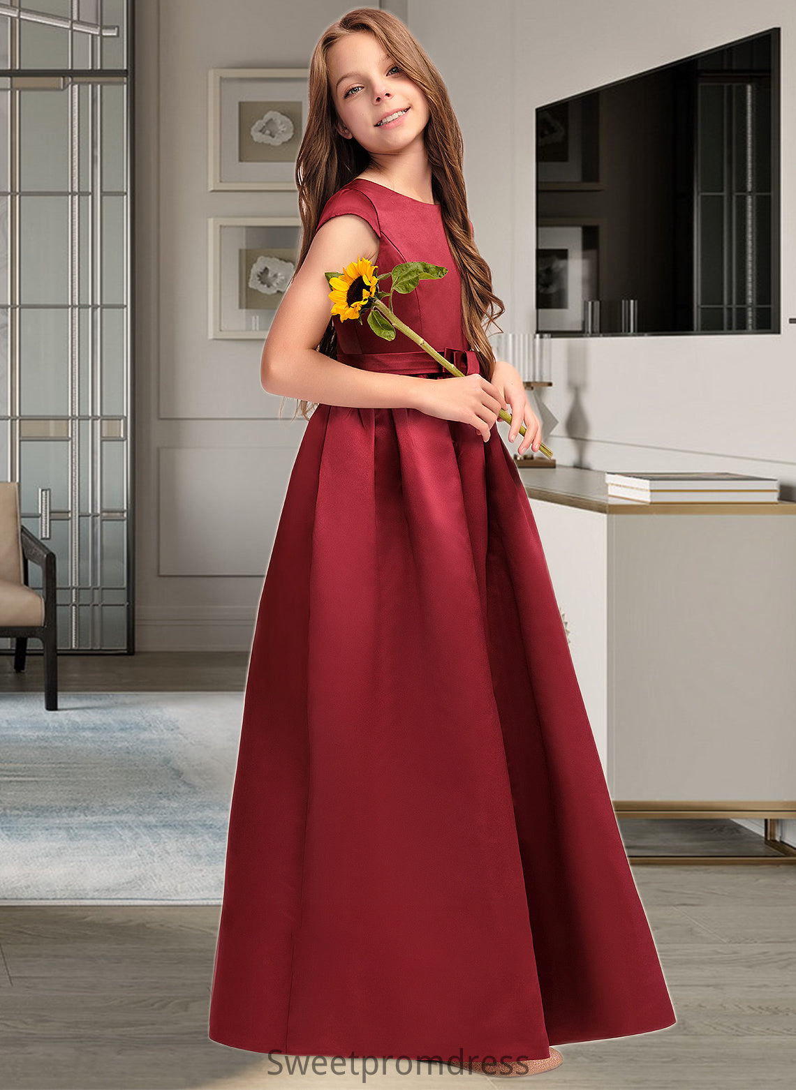 Cassidy A-Line Scoop Neck Floor-Length Satin Junior Bridesmaid Dress With Bow(s) Pockets DHP0013391