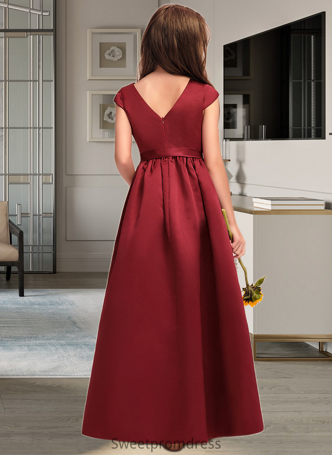 Cassidy A-Line Scoop Neck Floor-Length Satin Junior Bridesmaid Dress With Bow(s) Pockets DHP0013391