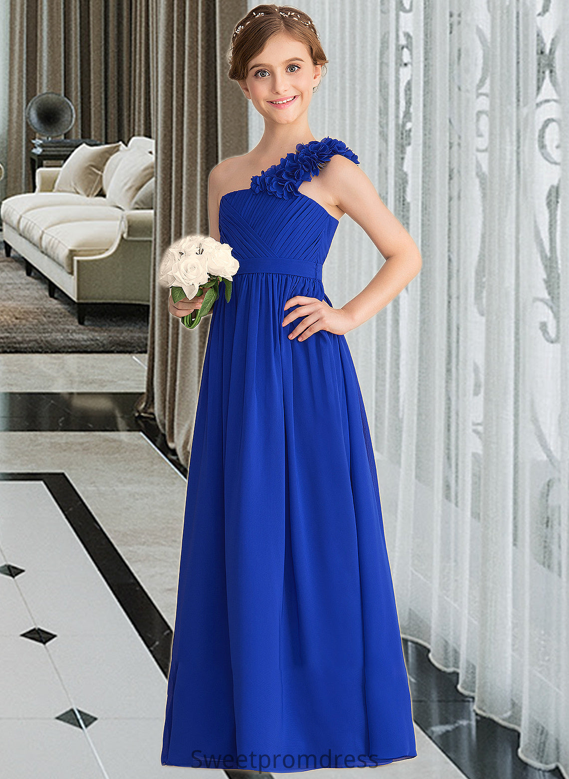 Kendall A-Line One-Shoulder Floor-Length Chiffon Junior Bridesmaid Dress With Ruffle Flower(s) DHP0013393