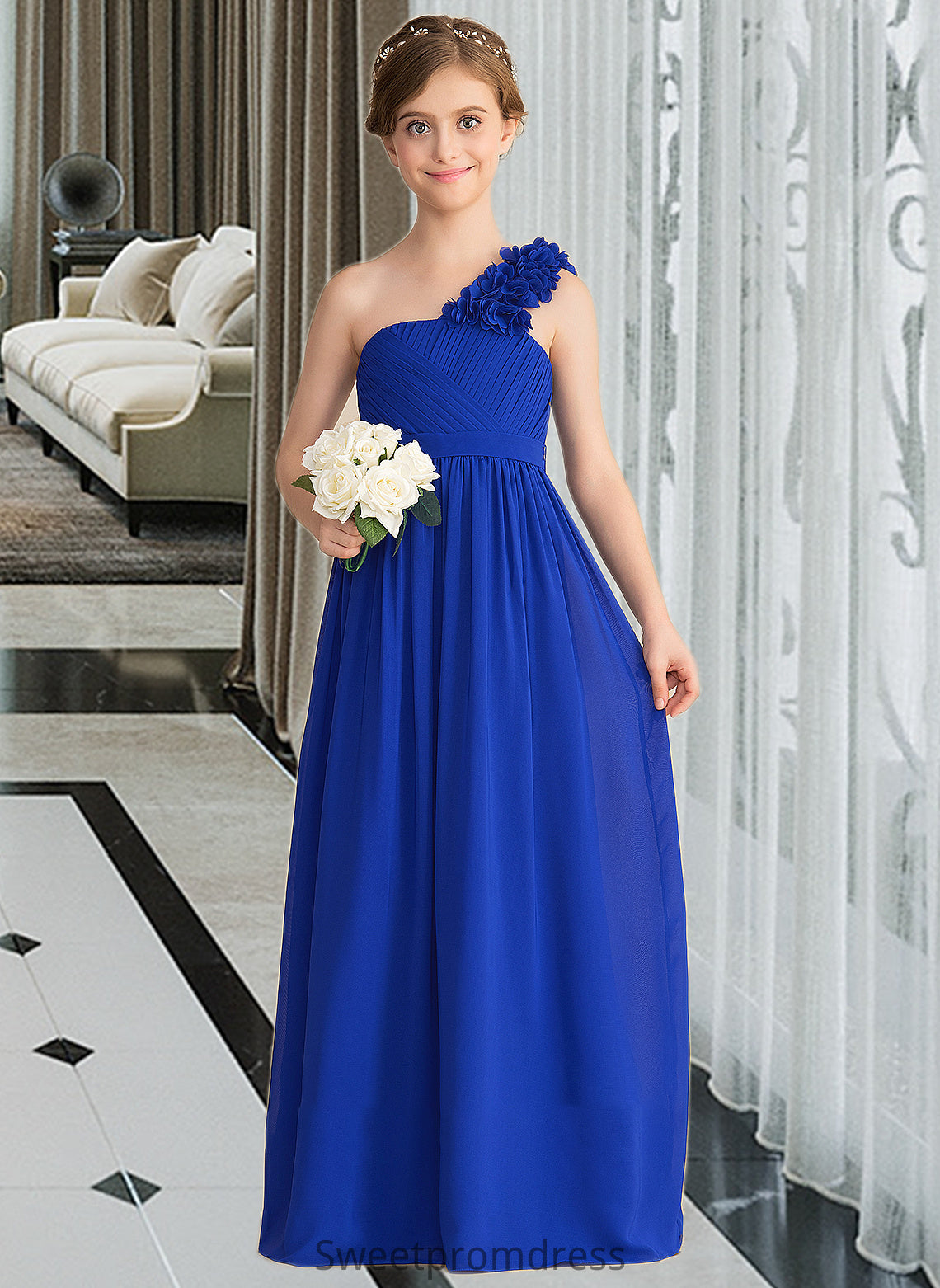 Kendall A-Line One-Shoulder Floor-Length Chiffon Junior Bridesmaid Dress With Ruffle Flower(s) DHP0013393