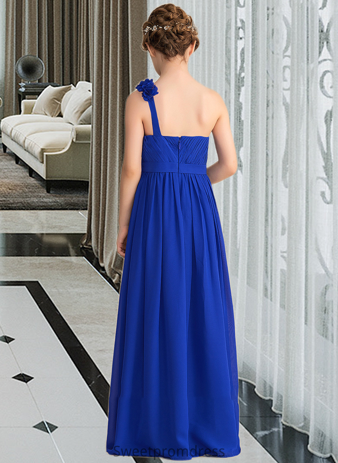 Kendall A-Line One-Shoulder Floor-Length Chiffon Junior Bridesmaid Dress With Ruffle Flower(s) DHP0013393