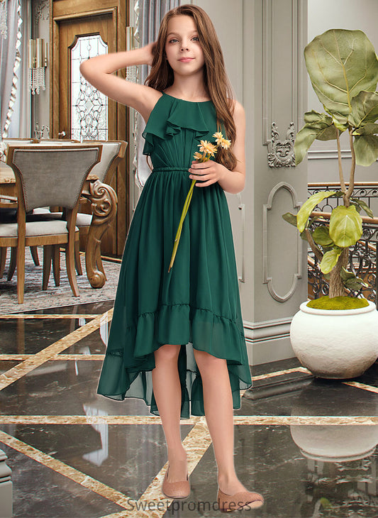 Jamya A-Line Scoop Neck Asymmetrical Chiffon Junior Bridesmaid Dress With Cascading Ruffles DHP0013395