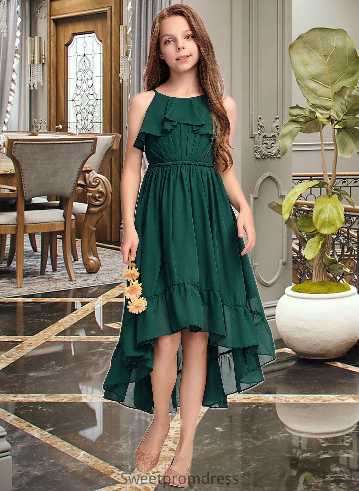 Jamya A-Line Scoop Neck Asymmetrical Chiffon Junior Bridesmaid Dress With Cascading Ruffles DHP0013395