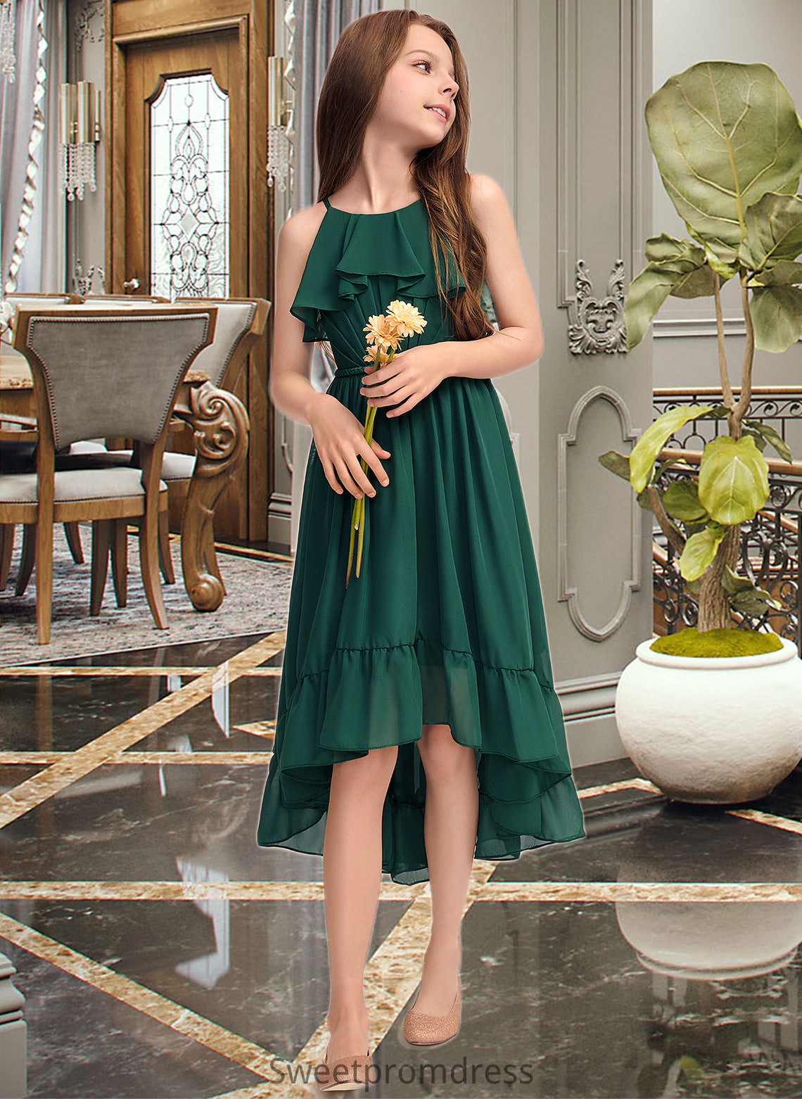 Jamya A-Line Scoop Neck Asymmetrical Chiffon Junior Bridesmaid Dress With Cascading Ruffles DHP0013395