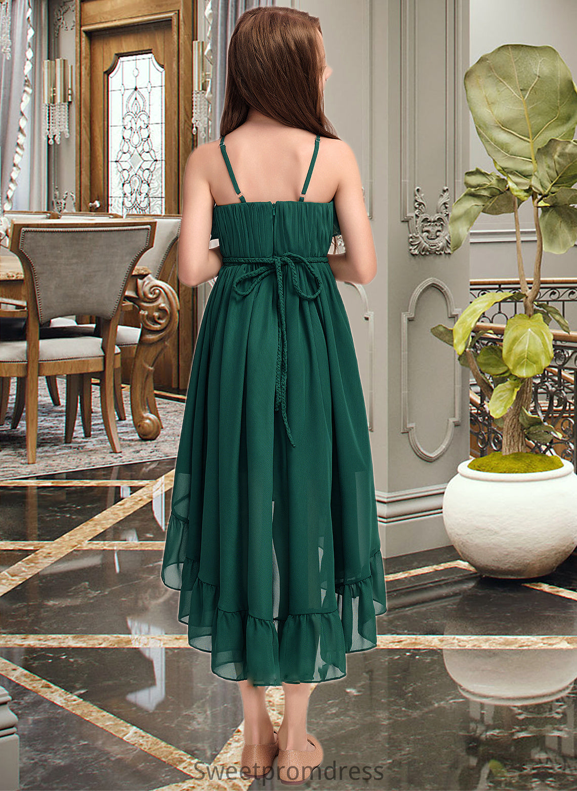 Jamya A-Line Scoop Neck Asymmetrical Chiffon Junior Bridesmaid Dress With Cascading Ruffles DHP0013395