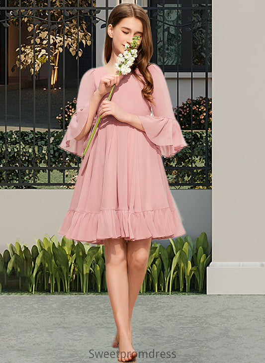 Shiloh A-Line V-neck Knee-Length Chiffon Junior Bridesmaid Dress With Cascading Ruffles DHP0013396