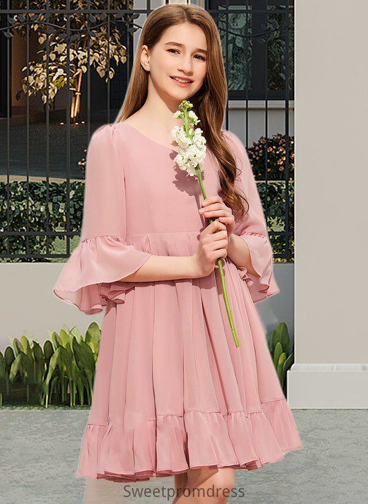 Shiloh A-Line V-neck Knee-Length Chiffon Junior Bridesmaid Dress With Cascading Ruffles DHP0013396