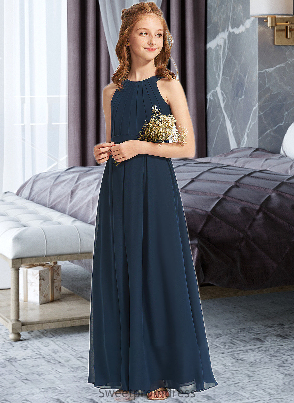 Tania A-Line Scoop Neck Floor-Length Chiffon Junior Bridesmaid Dress With Ruffle DHP0013397