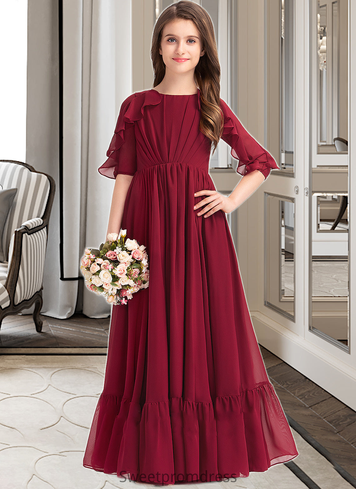 Jill A-Line Scoop Neck Floor-Length Chiffon Junior Bridesmaid Dress With Cascading Ruffles DHP0013398