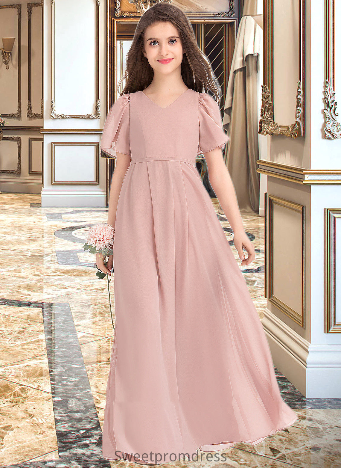 Monserrat A-Line V-neck Floor-Length Chiffon Junior Bridesmaid Dress With Bow(s) DHP0013399