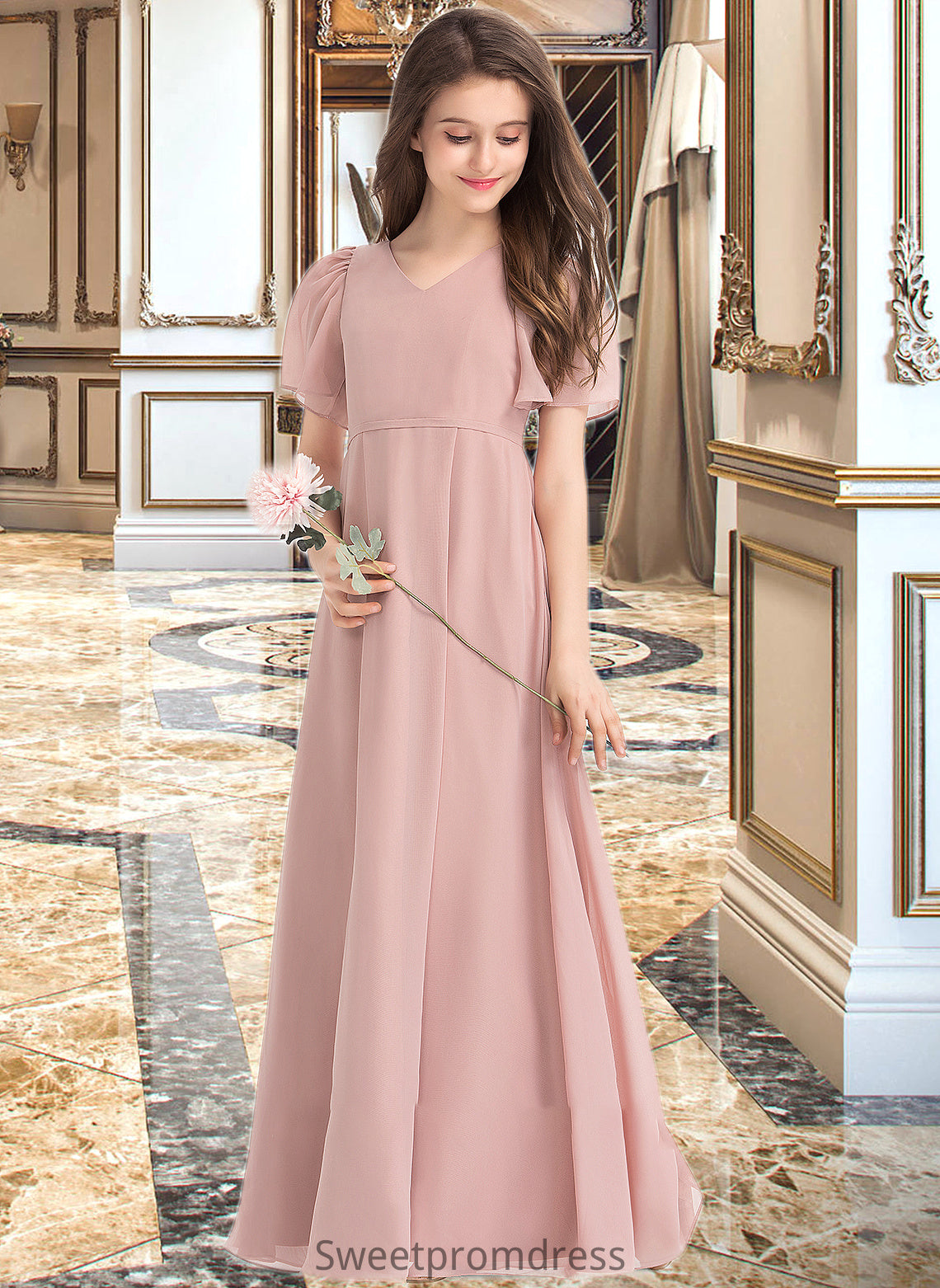 Monserrat A-Line V-neck Floor-Length Chiffon Junior Bridesmaid Dress With Bow(s) DHP0013399