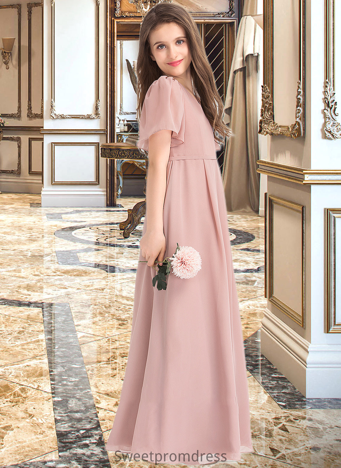 Monserrat A-Line V-neck Floor-Length Chiffon Junior Bridesmaid Dress With Bow(s) DHP0013399