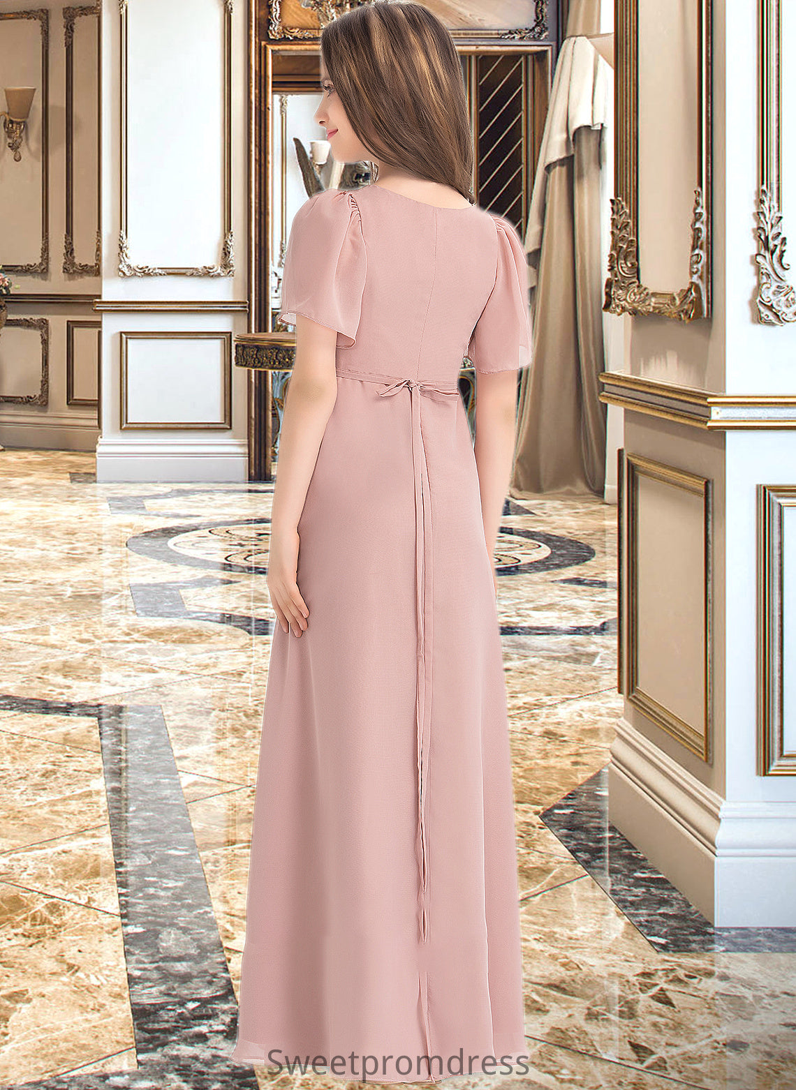 Monserrat A-Line V-neck Floor-Length Chiffon Junior Bridesmaid Dress With Bow(s) DHP0013399