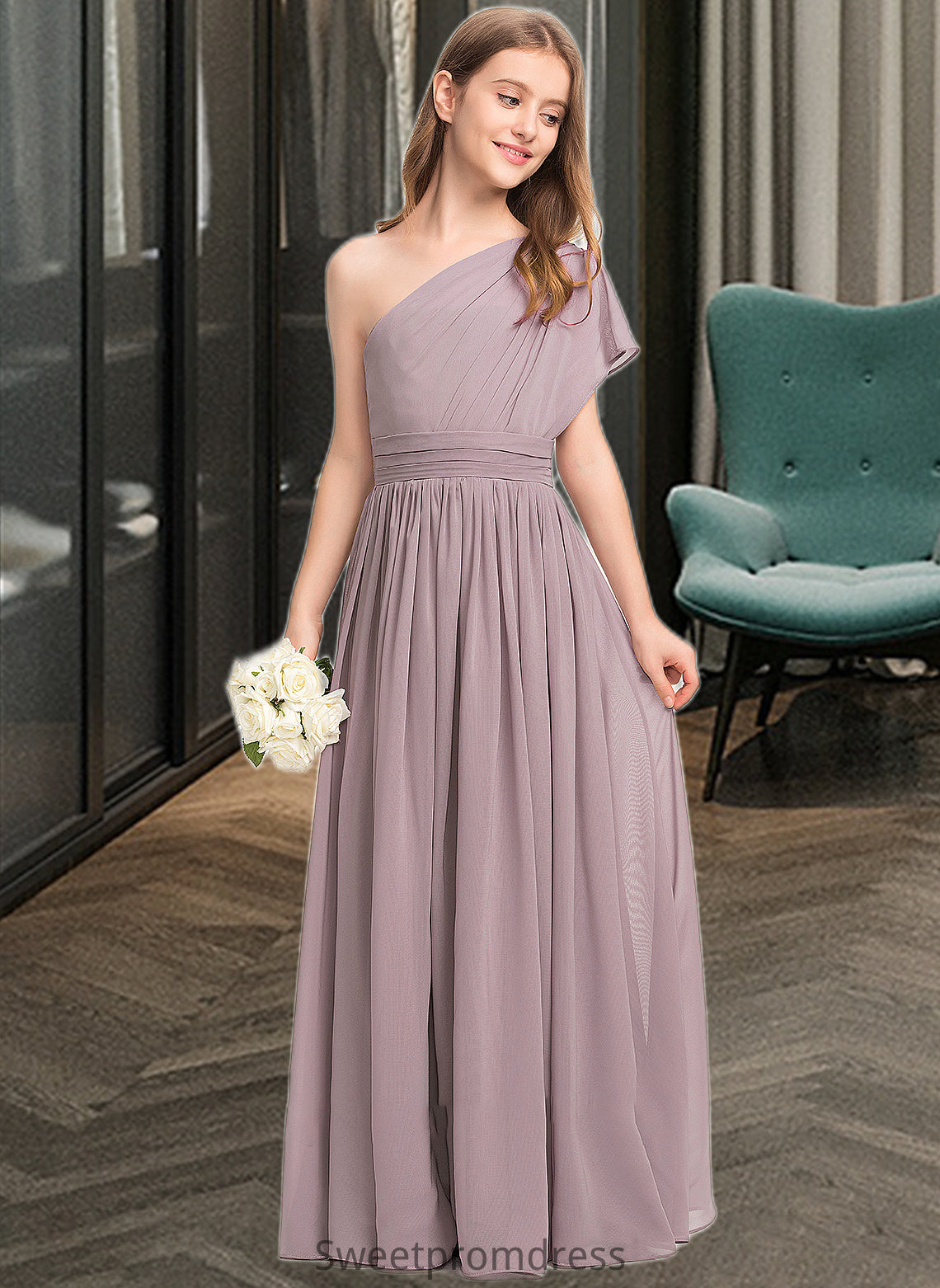 Julianne A-Line One-Shoulder Floor-Length Chiffon Junior Bridesmaid Dress With Ruffle DHP0013400