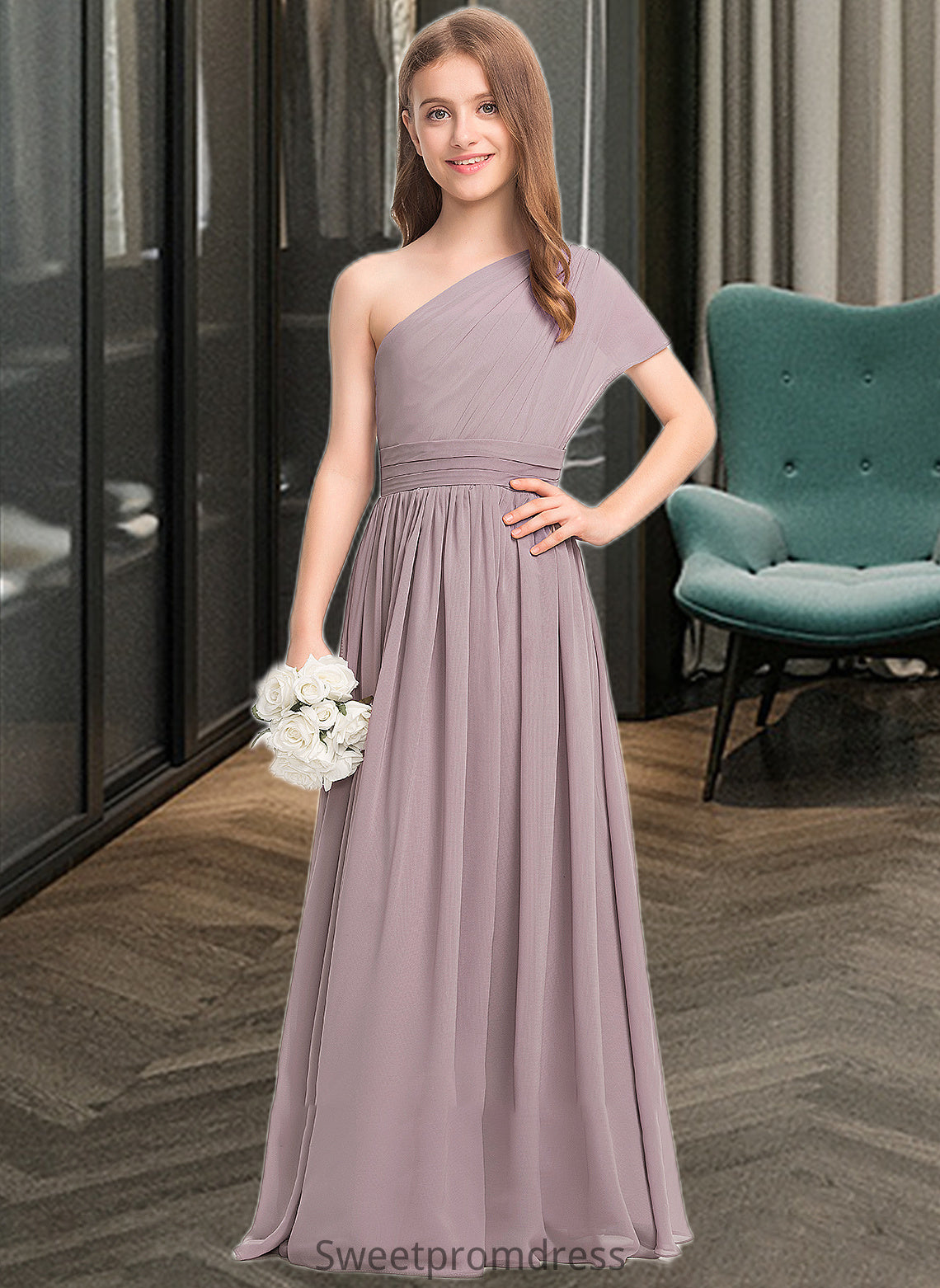 Julianne A-Line One-Shoulder Floor-Length Chiffon Junior Bridesmaid Dress With Ruffle DHP0013400