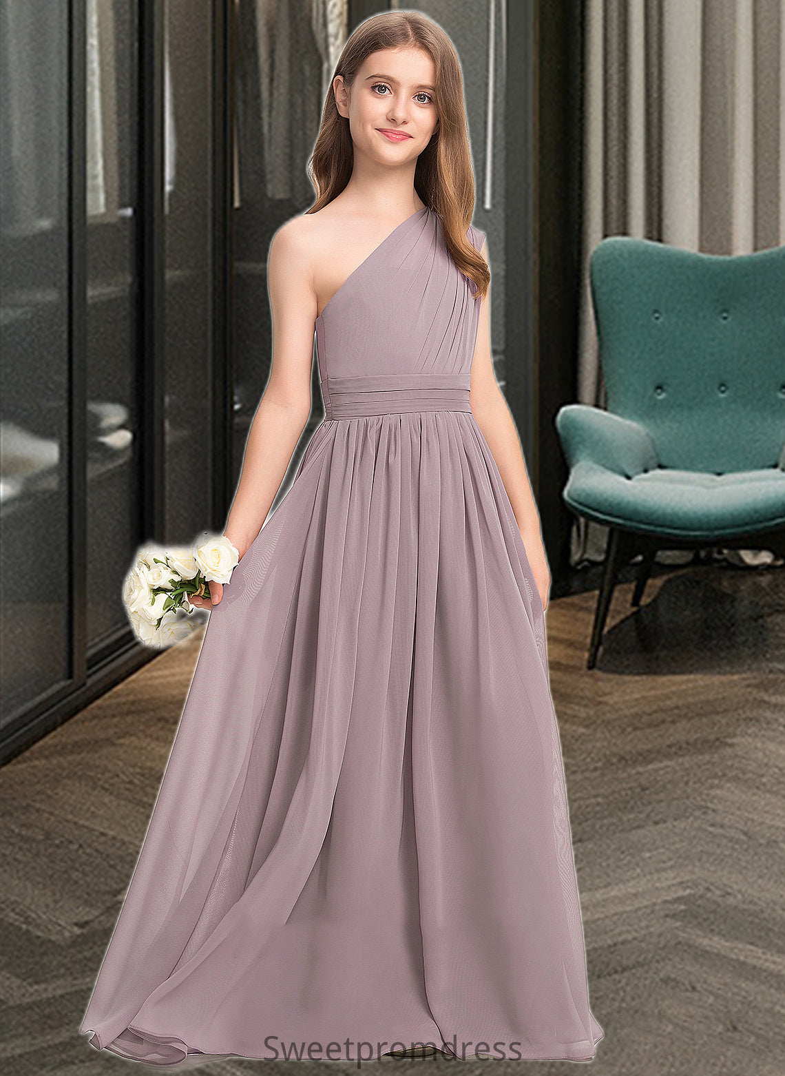 Julianne A-Line One-Shoulder Floor-Length Chiffon Junior Bridesmaid Dress With Ruffle DHP0013400