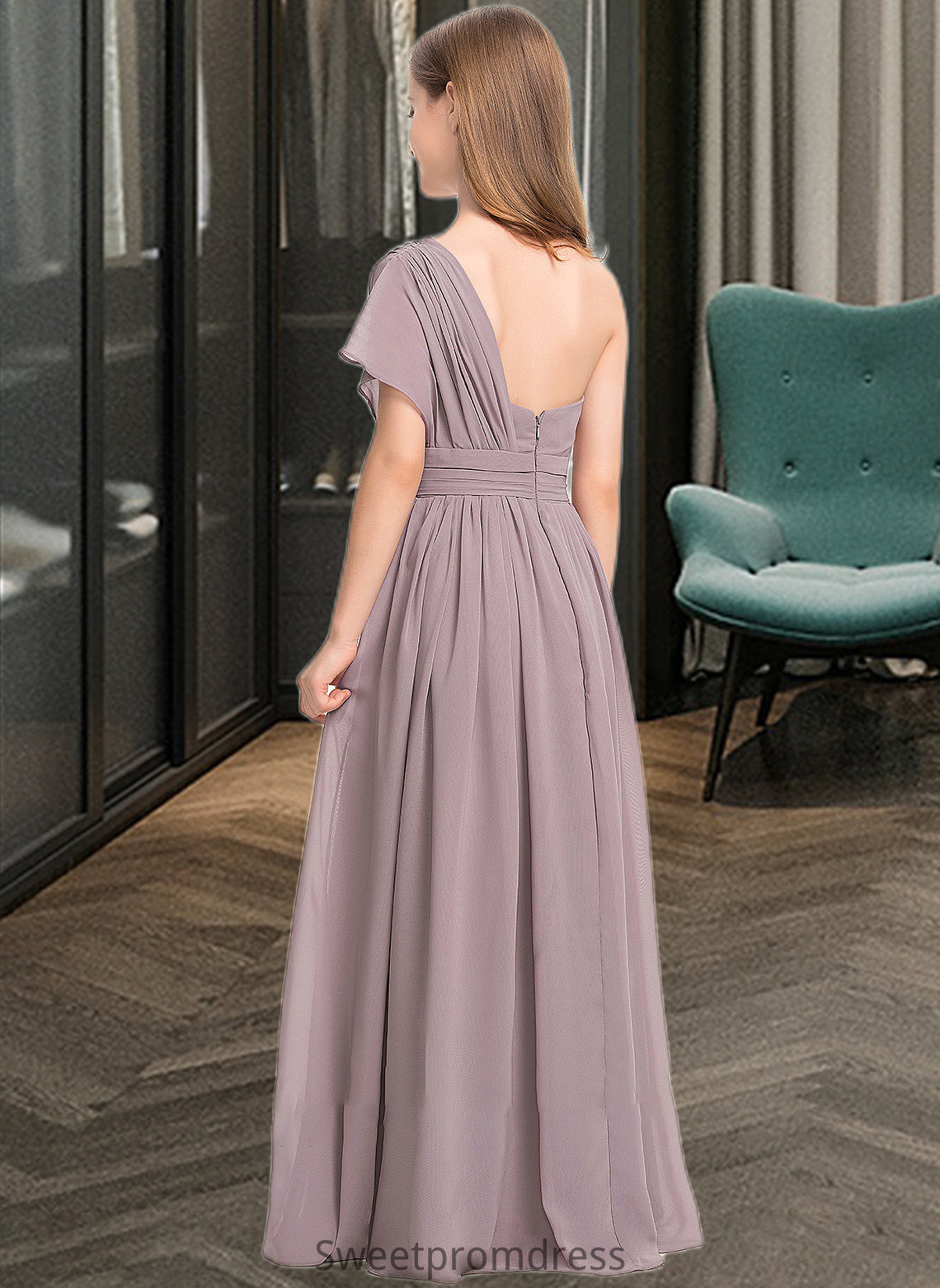 Julianne A-Line One-Shoulder Floor-Length Chiffon Junior Bridesmaid Dress With Ruffle DHP0013400