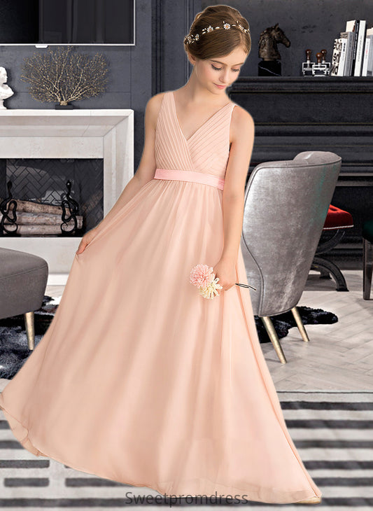 Isabella A-Line V-neck Floor-Length Chiffon Junior Bridesmaid Dress With Ruffle Bow(s) DHP0013402