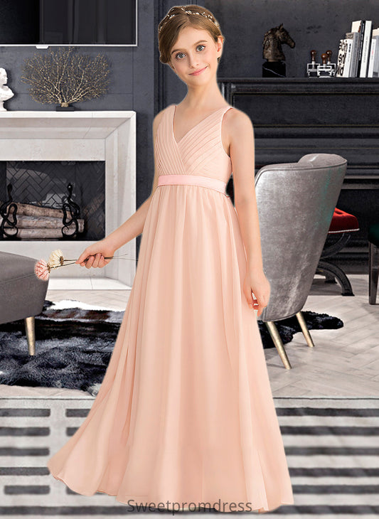 Isabella A-Line V-neck Floor-Length Chiffon Junior Bridesmaid Dress With Ruffle Bow(s) DHP0013402