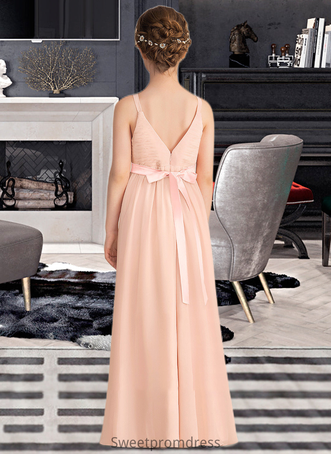 Isabella A-Line V-neck Floor-Length Chiffon Junior Bridesmaid Dress With Ruffle Bow(s) DHP0013402