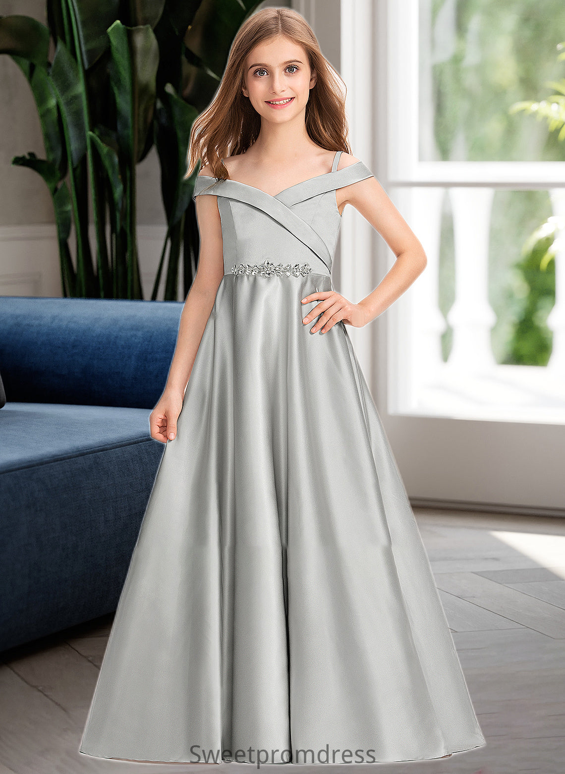 Alissa Ball-Gown/Princess Off-the-Shoulder Floor-Length Satin Junior Bridesmaid Dress DHP0013404