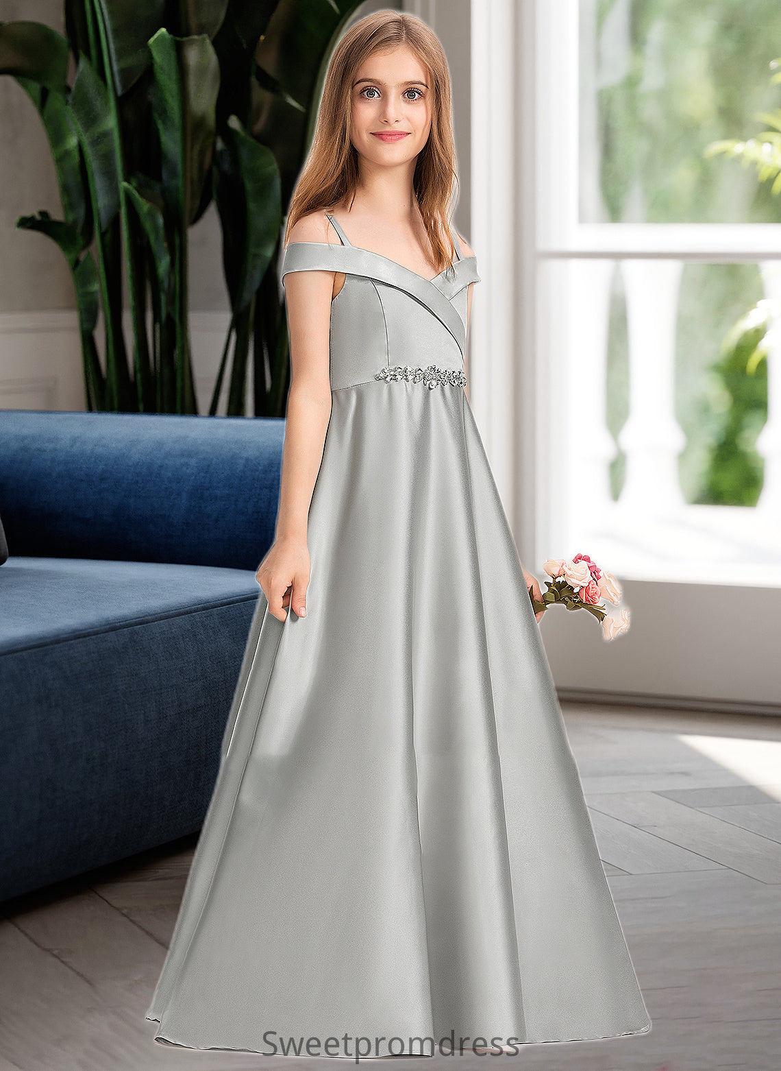 Alissa Ball-Gown/Princess Off-the-Shoulder Floor-Length Satin Junior Bridesmaid Dress DHP0013404