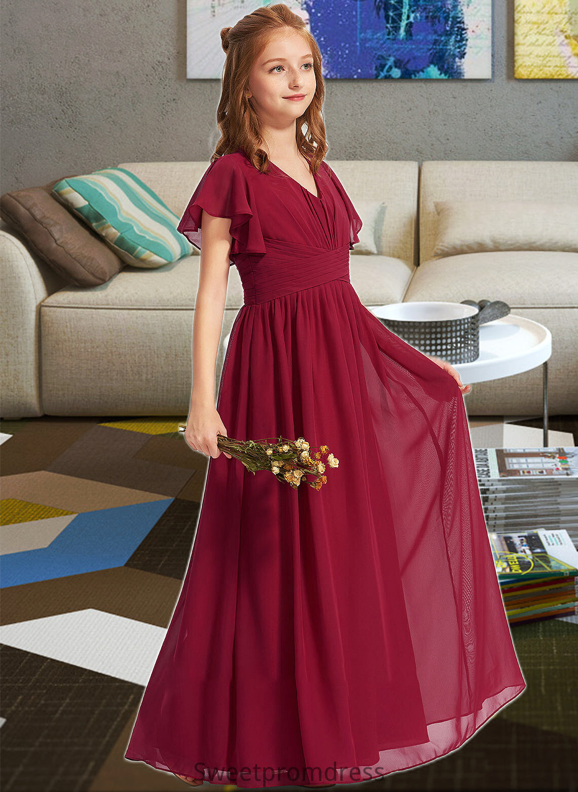 Adelaide A-Line V-neck Floor-Length Chiffon Junior Bridesmaid Dress With Ruffle DHP0013405